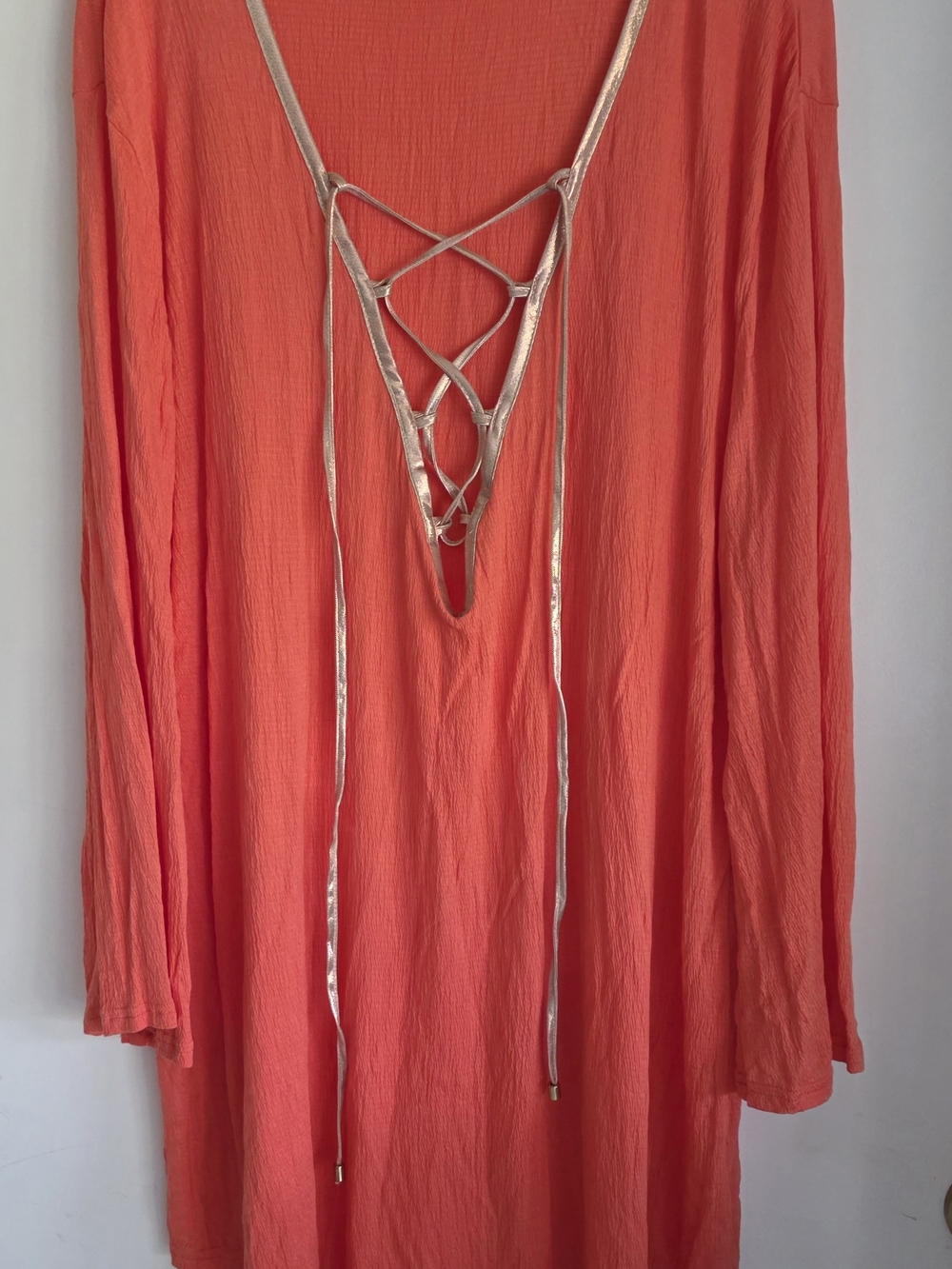 VENUS Coral Textured V-Neck Cover up Dress with Lace-Up Detail